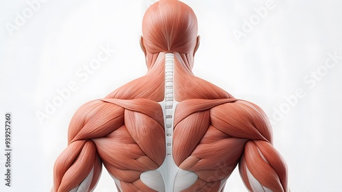 Muscular System of the Human Back: A detailed view of the back muscles, including the trapezius, latissimus dorsi, and erector spinae, shown in isolation.
 photo