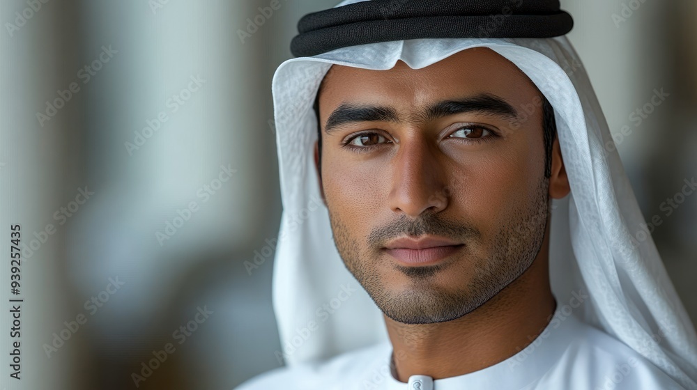 A young man dressed in traditional Emirati attire presents a confident demeanor indoors A young man dressed in traditional Emirati attire presents a confident demeanor indoors
