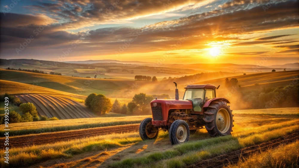Fototapeta premium Vintage tractor stands alone in a vast, open field, bathed in warm, golden light as the sun rises over the rolling hills of a rural landscape.