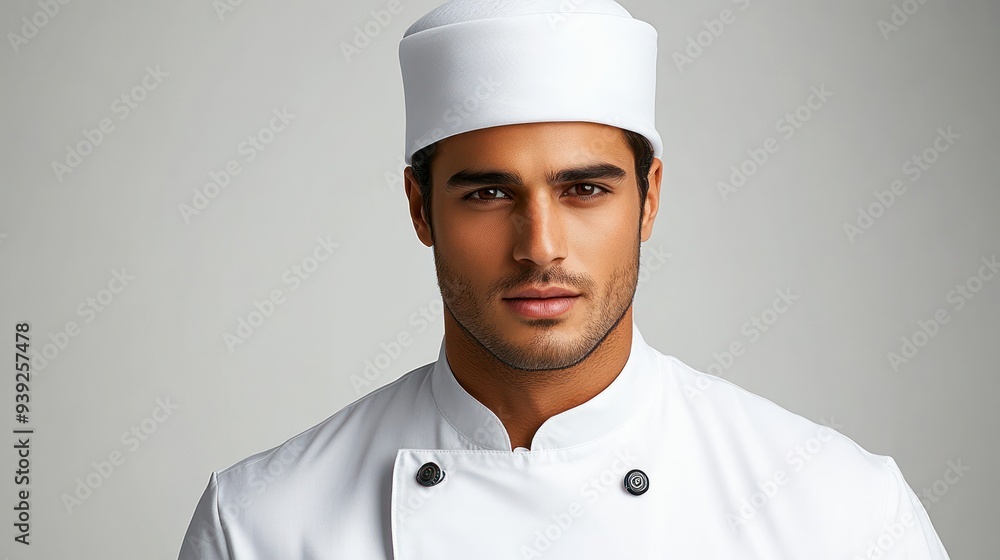 A skilled chef displays charisma and expertise while wearing a crisp white uniform A skilled chef displays charisma and expertise while wearing a crisp white uniform