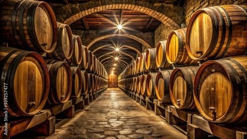 Vintage wooden barrels lined up in a traditional Douro Valley winery, with rich aromas of aging port wine wafting through the dimly lit cellar atmosphere. photo