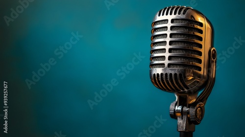 Retro Microphone in Focus with Teal Background - Iconic Music Instrument and Broadcast Tool