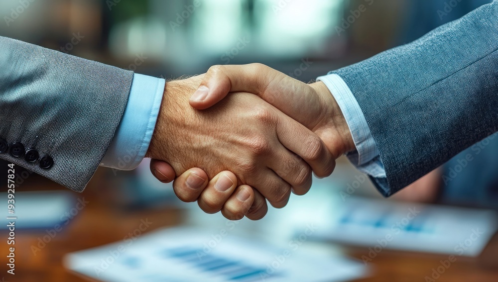 Two men shaking hands in a business meeting, symbolizing an agreement or partnership. Two men shaking hands in a business meeting, symbolizing an agreement or partnership.