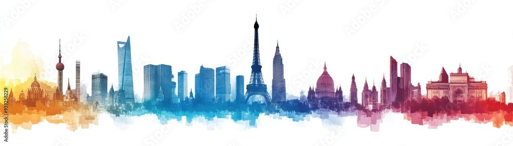 Obraz premium Vibrant skyline silhouette featuring iconic landmarks from various cities around the world, showcasing a colorful artistic rendition.