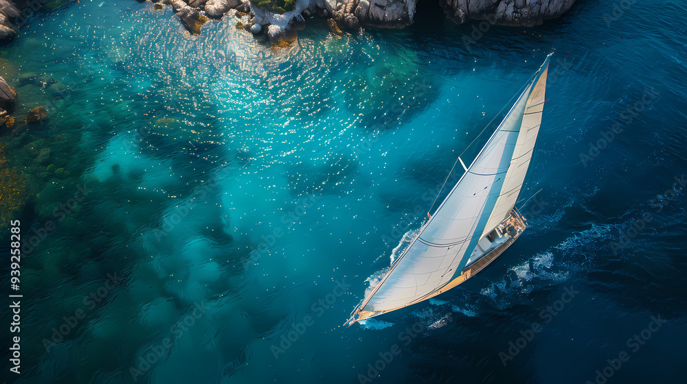 Drone viwe Yacht catamaran sailing on the sea with clear blue sky Drone viwe Yacht catamaran sailing on the sea with clear blue sky