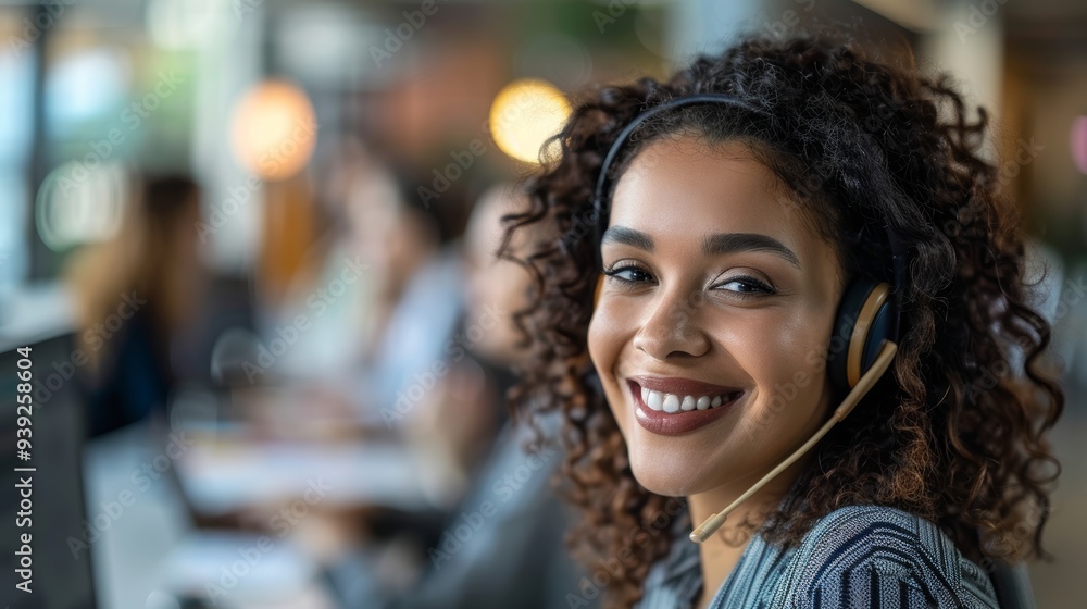 Joyful woman in a call center providing assistance and communication. Engaging with customers for support, sales, and telemarketing Joyful woman in a call center providing assistance and communication. Engaging with customers for support, sales, and telemarketing