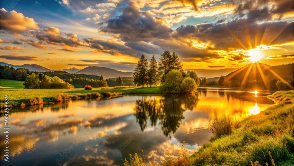 Obraz premium Warm golden light illuminates a serene landscape as the sun sets, marking the end of daylight savings time with a tranquil, peaceful atmosphere.