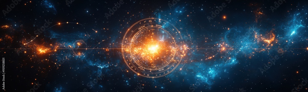 Starry background with a circular object surrounded by stars, banner, copy space Starry background with a circular object surrounded by stars, banner, copy space