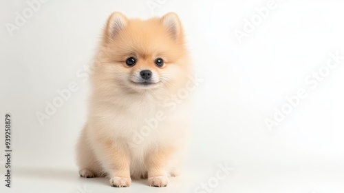 A small, fluffy, orange dog is sitting on a white surface