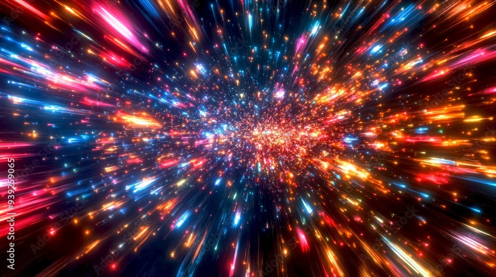 Obraz premium Colorful light burst fills the space with vibrant energy. This abstract design showcases dynamic movement and vivid hues. Perfect for digital art, backgrounds, or creative projects. AI