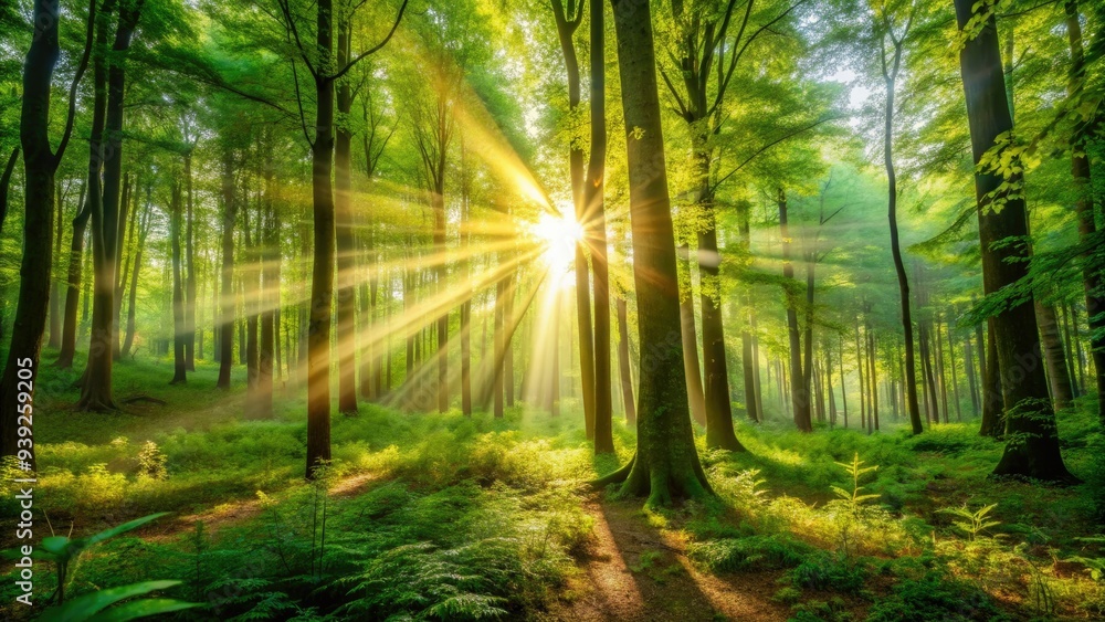 Obraz premium Warm ray of sunlight breaks through dense forest foliage, illuminating vibrant green leaves and forest floor, creating a sense of hope and serenity.