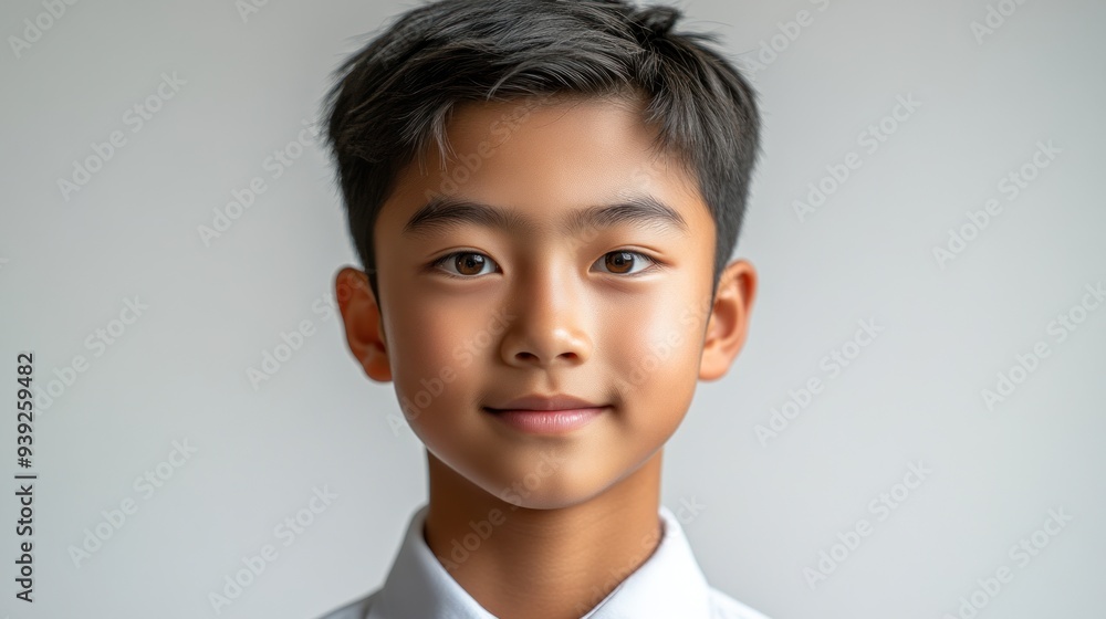 A cheerful boy with neat hair and stylish clothes shows off his bright smile A cheerful boy with neat hair and stylish clothes shows off his bright smile