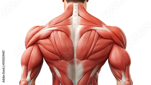 Muscular System of the Human Back: A detailed view of the back muscles, including the trapezius, latissimus dorsi, and erector spinae, shown in isolation.
