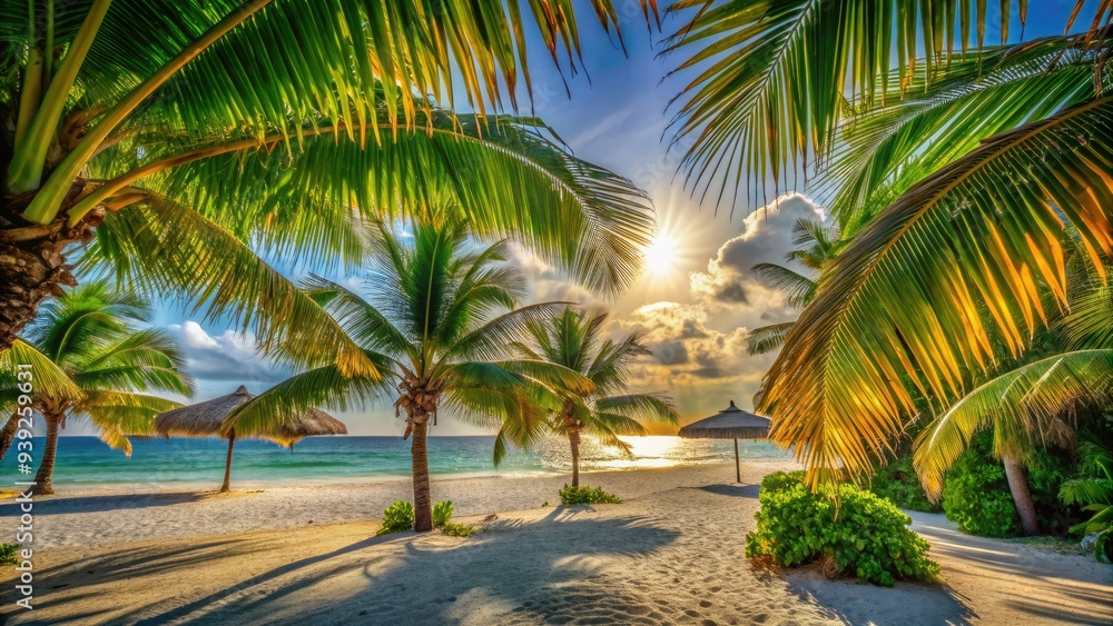 Fototapeta premium Warm sunlight filters through lush green palm fronds, casting a natural umbrella of shade on the sandy beach beneath, evoking a sense of tropical serenity.
