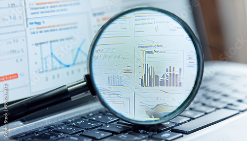Magnifying glass or lupe placed on the laptop or notebook device keyboard, enlarging the website traffic metrics, graphs and analytics for the ranking of the blog on the internet or web online