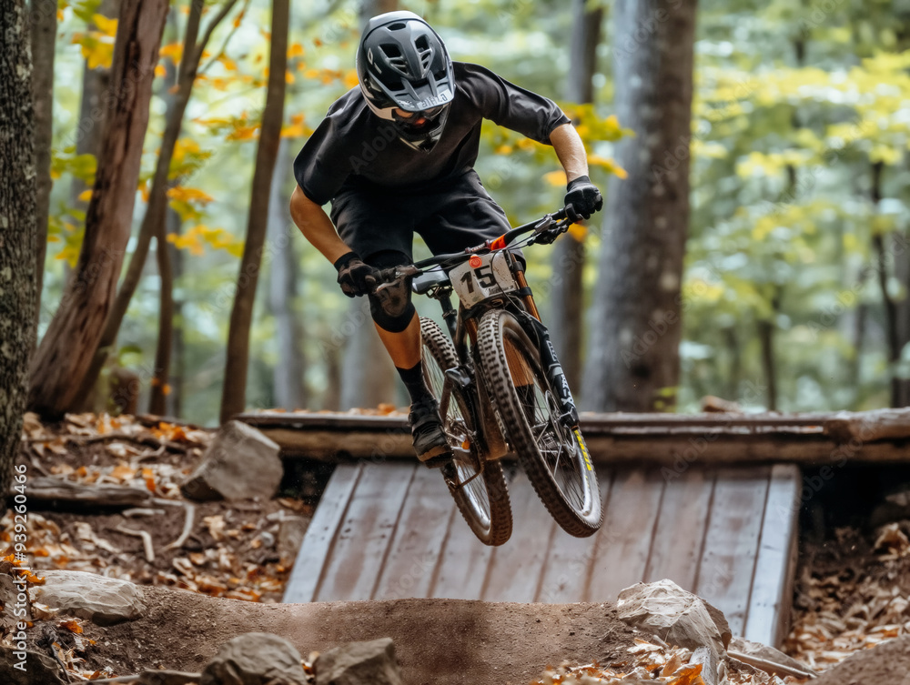 A man is riding a bike in the woods and is wearing a helmet. He is jumping over a wooden ramp