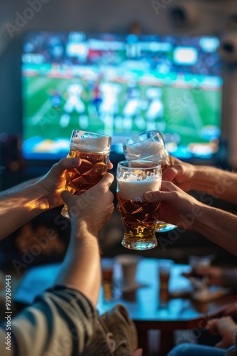 Wallpaper Mural Beer toast during a soccer match on a blurry bar background Torontodigital.ca