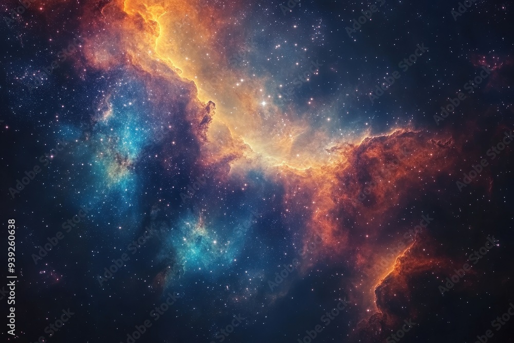 Fototapeta premium A vibrant cosmic nebula filled with swirling clouds of gas and dust in deep space, illuminated by distant stars, showcasing the universe's beauty.