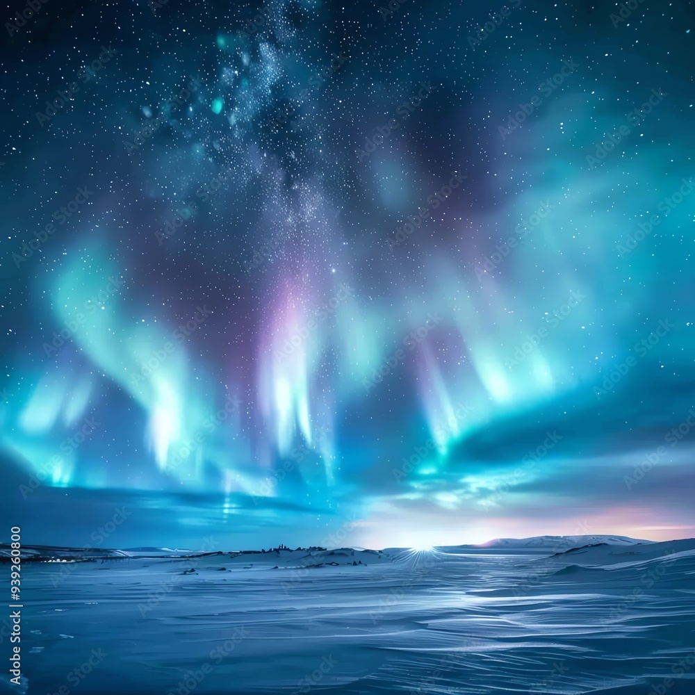Stunning view of the Northern Lights illuminating the night sky over a snowy landscape, showcasing the beauty of natural wonders in arctic regions. Stunning view of the Northern Lights illuminating the night sky over a snowy landscape, showcasing the beauty of natural wonders in arctic regions.