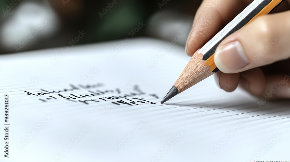 A person delicately writes words with a pencil on crisp white paper, inspired in thought A person delicately writes words with a pencil on crisp white paper, inspired in thought