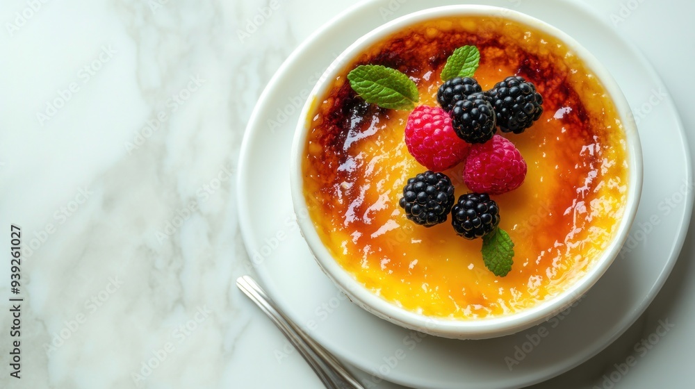 A close-up shot of a creme brulee dessert topped with fresh raspberries and blackberries and a sprig of mint. A close-up shot of a creme brulee dessert topped with fresh raspberries and blackberries and a sprig of mint.