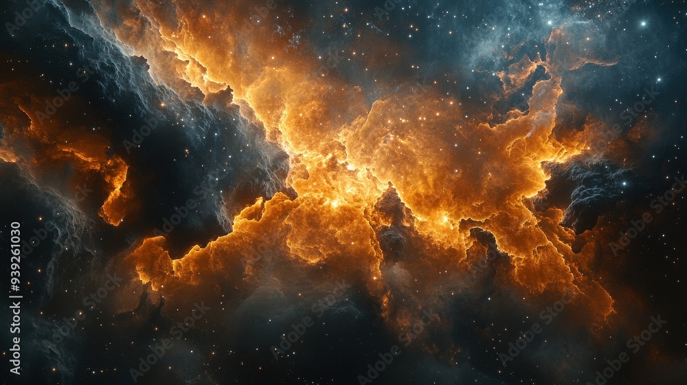 Fototapeta premium A breathtaking image of a vibrant nebula glowing with fiery orange and deep blue hues, capturing the awe-inspiring beauty of the universe.