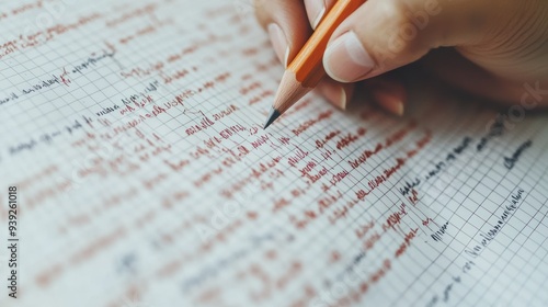 A person writes carefully on graph paper, showcasing meticulous notes and calculations photo