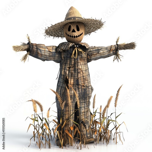 Smiling scarecrow in a plaid shirt and straw hat standing in a field of wheat, perfect for representing autumn and harvest themes.