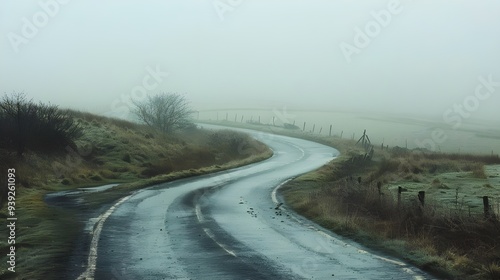 bleak, winding road through misted countryside, barren