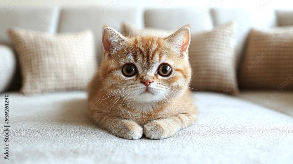 A playful kitten with large eyes lounges comfortably on a plush couch, exuding cuteness A playful kitten with large eyes lounges comfortably on a plush couch, exuding cuteness