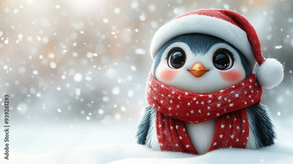 A cute penguin adorned with festive attire brings holiday joy amidst falling snow A cute penguin adorned with festive attire brings holiday joy amidst falling snow