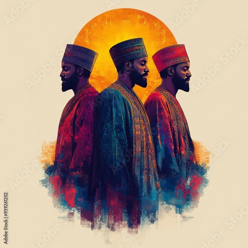 This image depicts three individuals donning traditional, vibrant garments standing back-to-back with a striking sunset in the background, symbolizing unity and cultural richness. photo