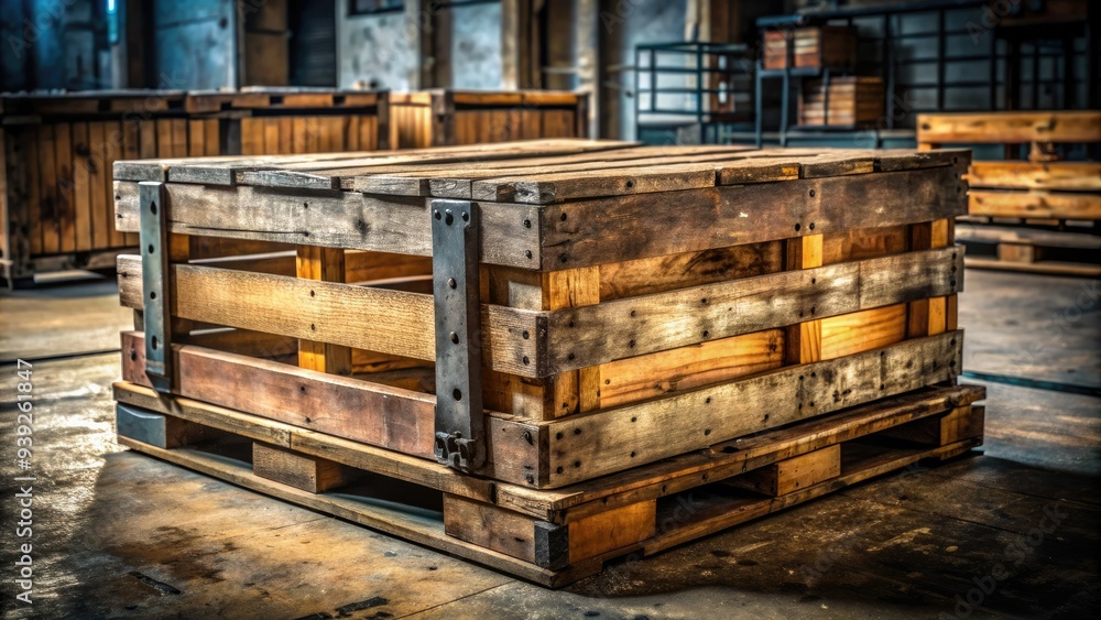 Weathered wooden shipping crate with rusty metal bands and worn labels sits atop a rough-hewn wooden pallet on a dimly lit warehouse floor. Weathered wooden shipping crate with rusty metal bands and worn labels sits atop a rough-hewn wooden pallet on a dimly lit warehouse floor.