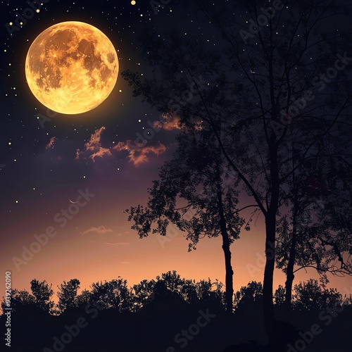 Full moon rising over a serene forest, casting a warm glow on the silhouetted trees against the twilight sky.