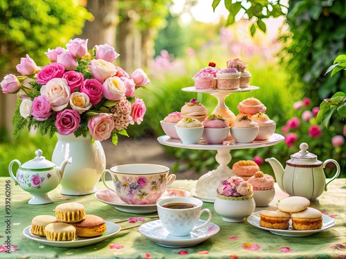 Whimsical British Tea Party: Pastels, Floral Patterns, Teacups, Scones, Rose Gardens