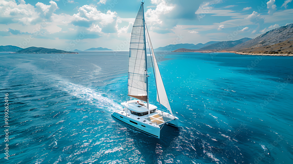 Naklejka premium Drone viwe Yacht catamaran sailing on the sea with clear blue sky