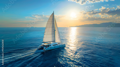 Drone viwe Yacht catamaran sailing on the sea with clear blue sky