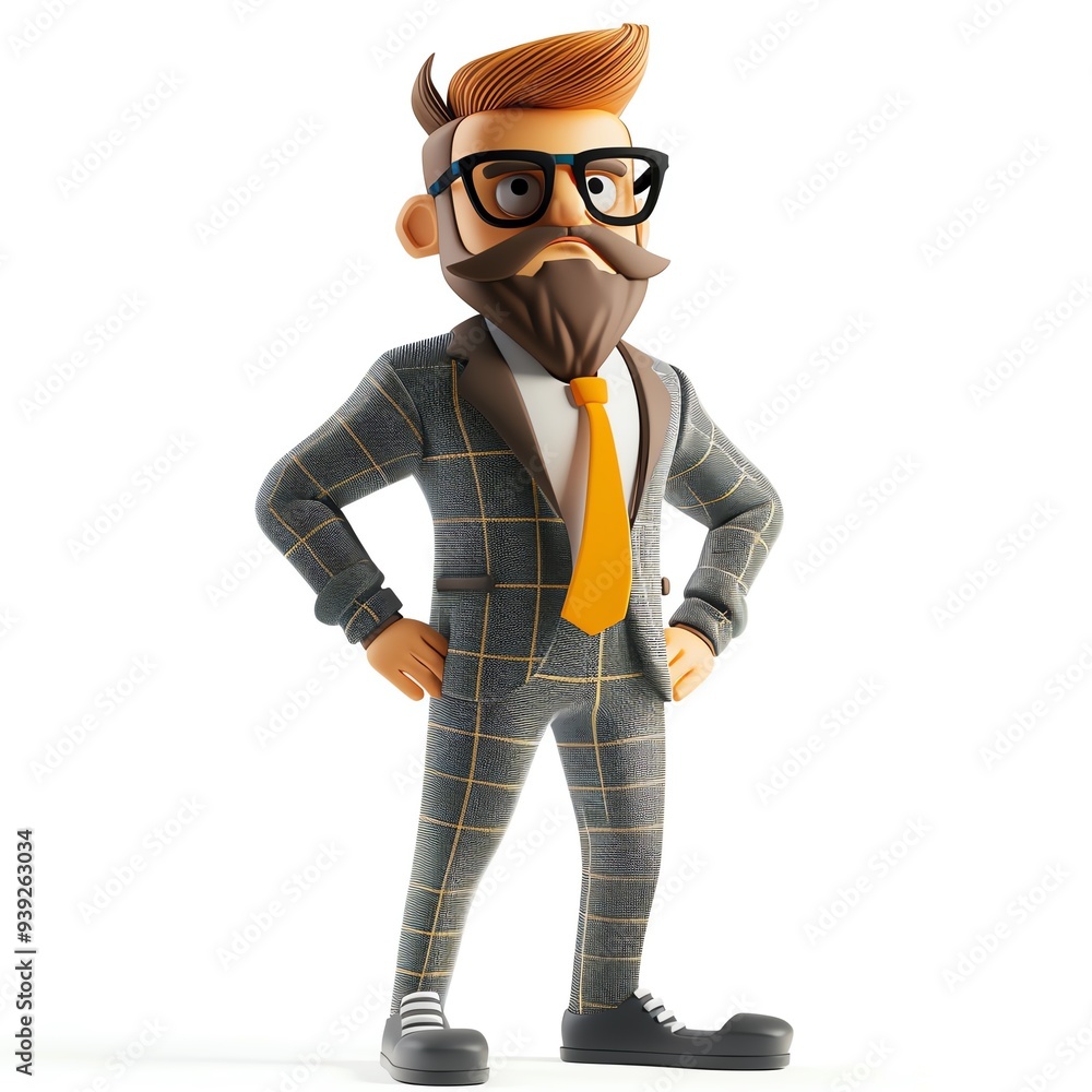 Cartoon character with glasses and beard wearing a stylish suit and tie, standing confidently with hands on hips. Cartoon character with glasses and beard wearing a stylish suit and tie, standing confidently with hands on hips.