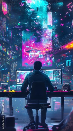 A digital art composition of an AI designer, seen from behind as they work on their computer at the desk in front of them