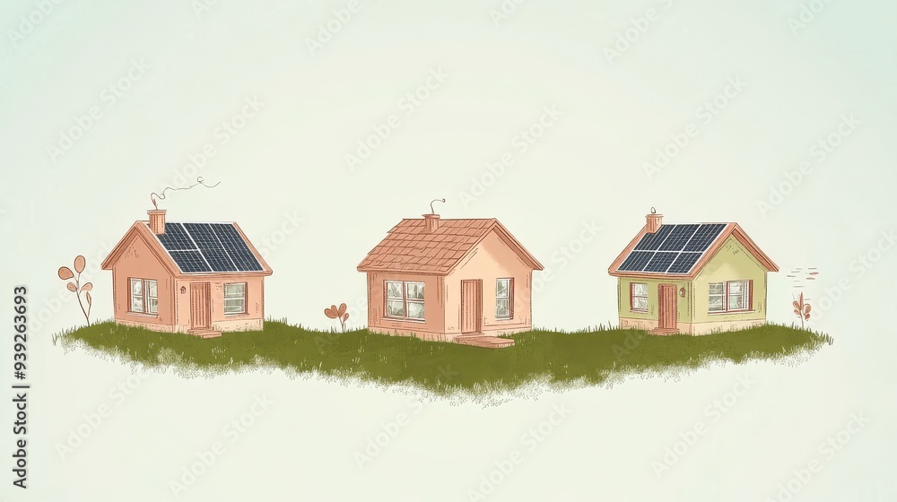 Colorful Eco-Homes on Grassy Hill, three small sustainable homes with vibrant designs, showcasing solar panel benefits and eco-friendly materials in an animated landscape. Colorful Eco-Homes on Grassy Hill, three small sustainable homes with vibrant designs, showcasing solar panel benefits and eco-friendly materials in an animated landscape.