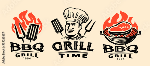 Barbecue logo set. Bbq, restaurant grill food emblems. Vector illustration