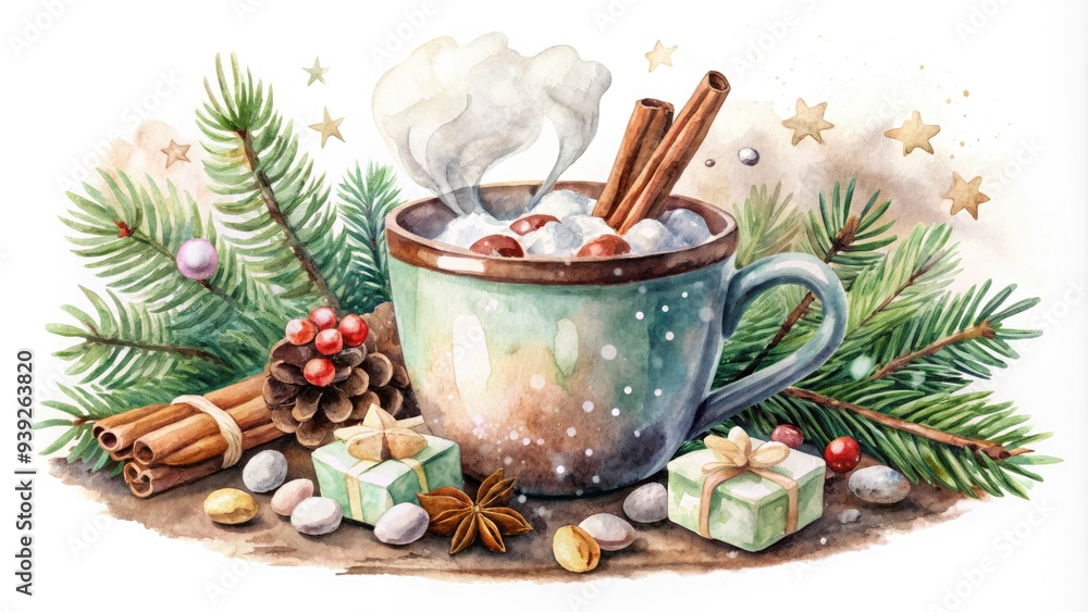 Whimsical watercolor illustration of steaming hot cocoa in a vintage-inspired mug, surrounded by marshmallows, cinnamon sticks, and winter wonderland elements. Whimsical watercolor illustration of steaming hot cocoa in a vintage-inspired mug, surrounded by marshmallows, cinnamon sticks, and winter wonderland elements.