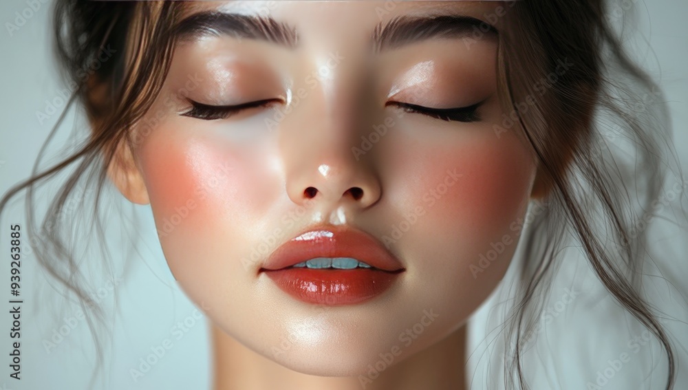A close-up portrait of a young woman with water droplets on her face. A close-up portrait of a young woman with water droplets on her face.