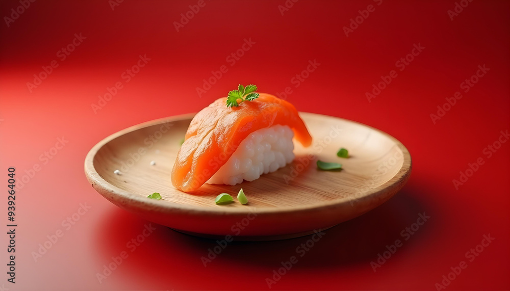 Single Salmon Nigiri Sushi on Wooden Plate Against Red Background Single Salmon Nigiri Sushi on Wooden Plate Against Red Background