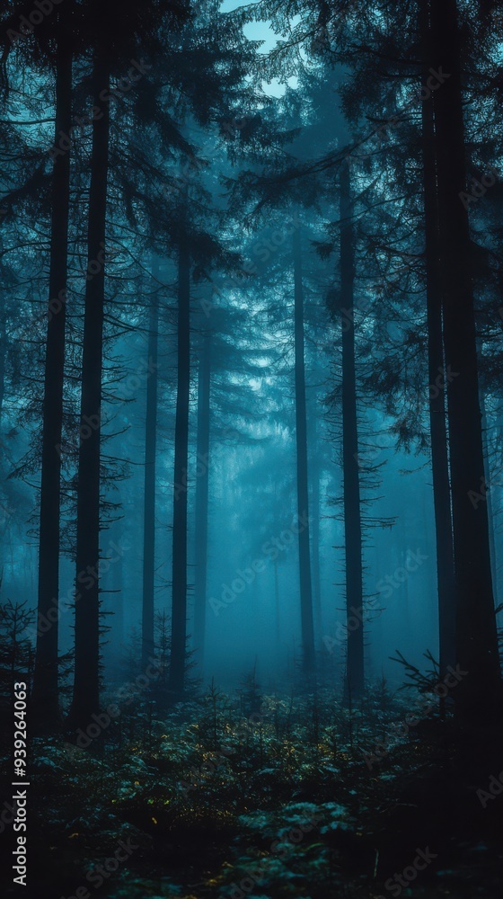 Fototapeta premium Mysterious Dark Forest with Foggy Atmosphere