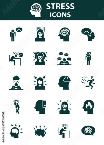 set of stress icons, anxiety, tired, worry, 