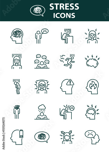 set of stress icons, anxiety, tired, worry, 