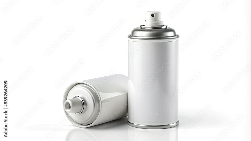 White spray paint can with nozzle and cap isolated on a clean white background, focus on the label and spray tip, minimal shadows. White spray paint can with nozzle and cap isolated on a clean white background, focus on the label and spray tip, minimal shadows.