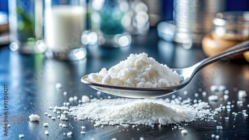White granular magnesium stearate powder, a common lubricant in pharmaceutical and cosmetic manufacturing, spills from a spoon on a laboratory countertop surface.
