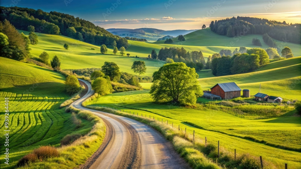 Fototapeta premium Winding dirt road traverses through lush green fields of a rural farm, surrounded by dense forests and rolling hills under a clear blue sky.